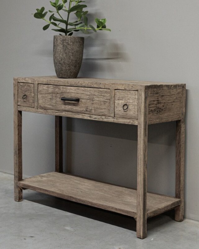 be-uniq Oud Houten Wandtafel | 3 lades | H80 x B100 x D40 cm