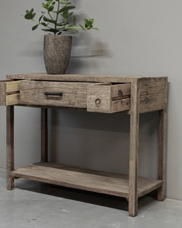 be-uniq Oud Houten Wandtafel | 3 lades | H80 x B100 x D40 cm