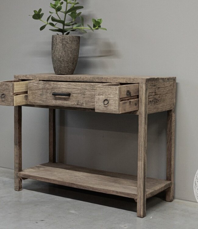 be-uniq Oud Houten Wandtafel | 3 lades | H80 x B100 x D40 cm