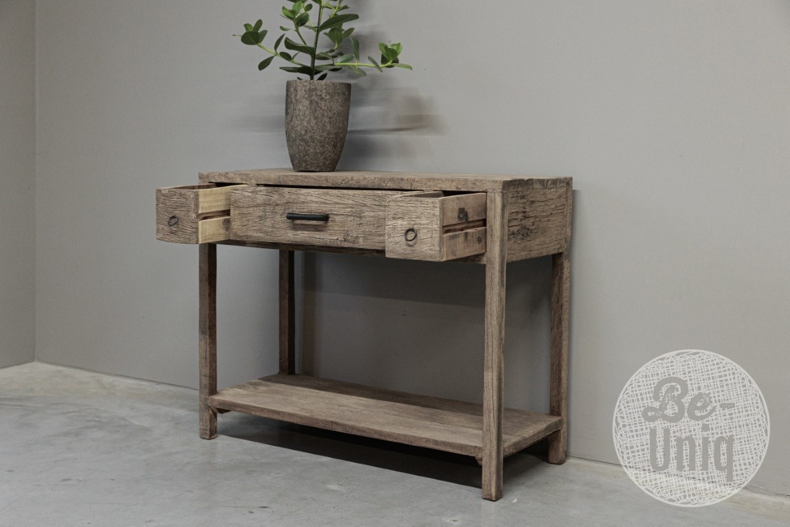 be-uniq Oud Houten Wandtafel | 3 lades | H80 x B100 x D40 cm