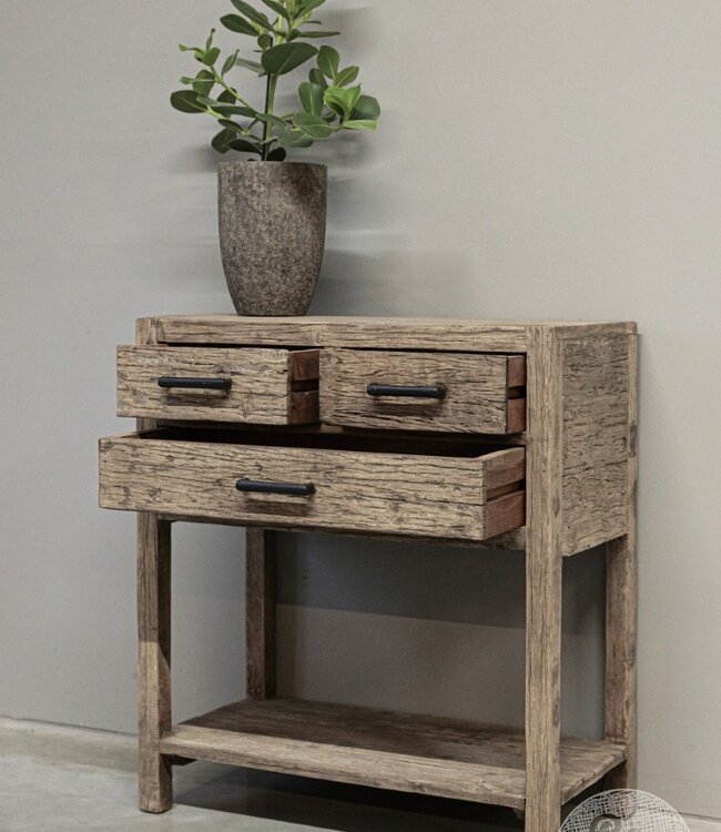be-uniq Oud Houten Wandtafel | 3 lades | H85 x B75 x D40 cm