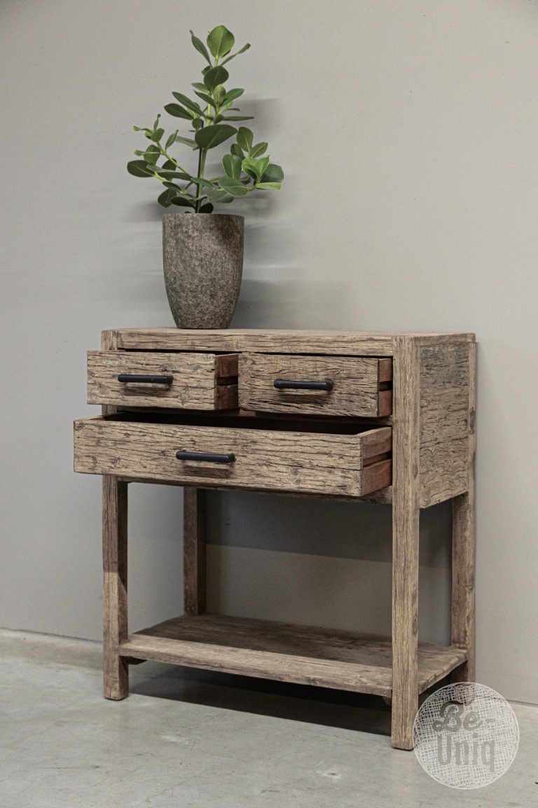 be-uniq Oud Houten Wandtafel | 3 lades | H85 x B75 x D40 cm