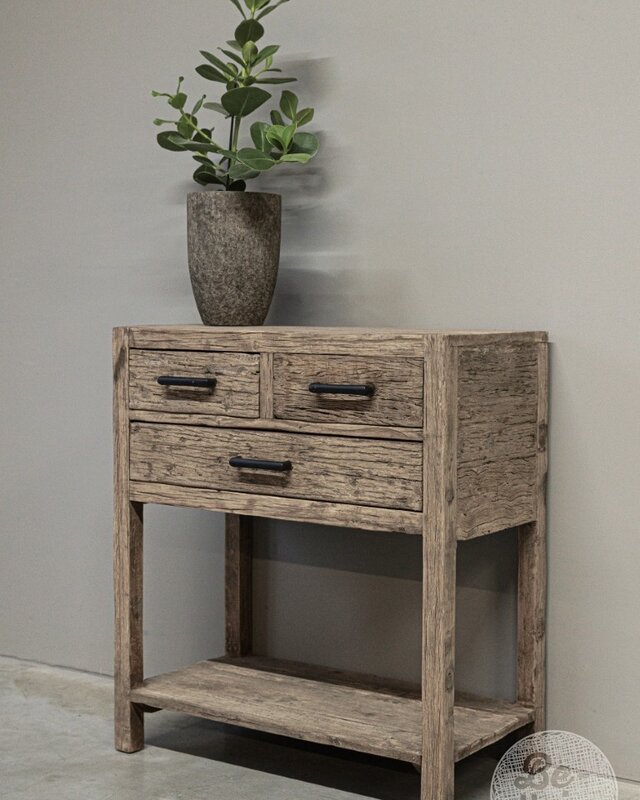 be-uniq Oud Houten Wandtafel | 3 lades | H85 x B75 x D40 cm