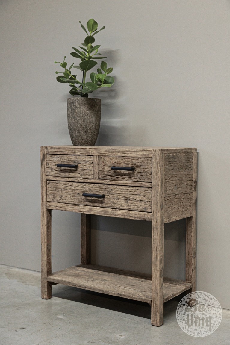be-uniq Oud Houten Wandtafel | 3 lades | H85 x B75 x D40 cm