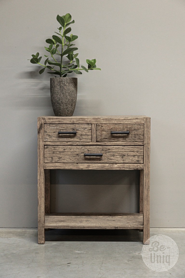 be-uniq Oud Houten Wandtafel | 3 lades | H85 x B75 x D40 cm