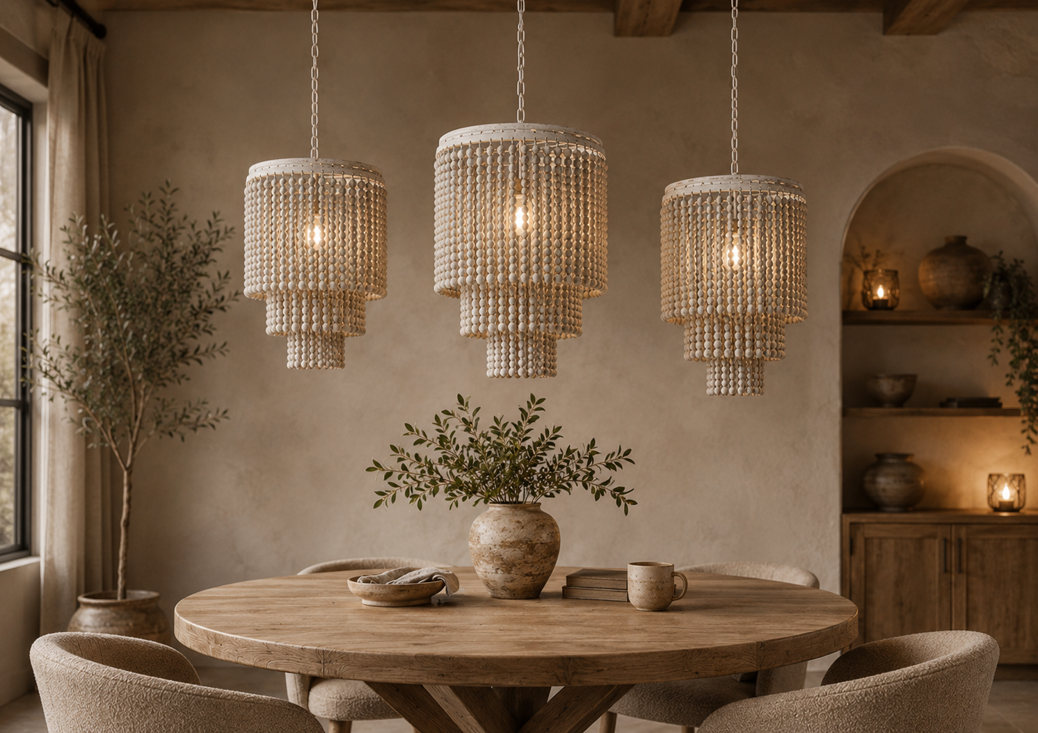 Rene Houtman Hanglamp Goos Kralen Hout Wit/Beige - 3 Maten