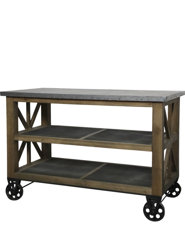Rene Houtman Keukeneiland Woods Op Wielen Met Zinken Blad & Schappen - L120xB59.5xH90 Cm