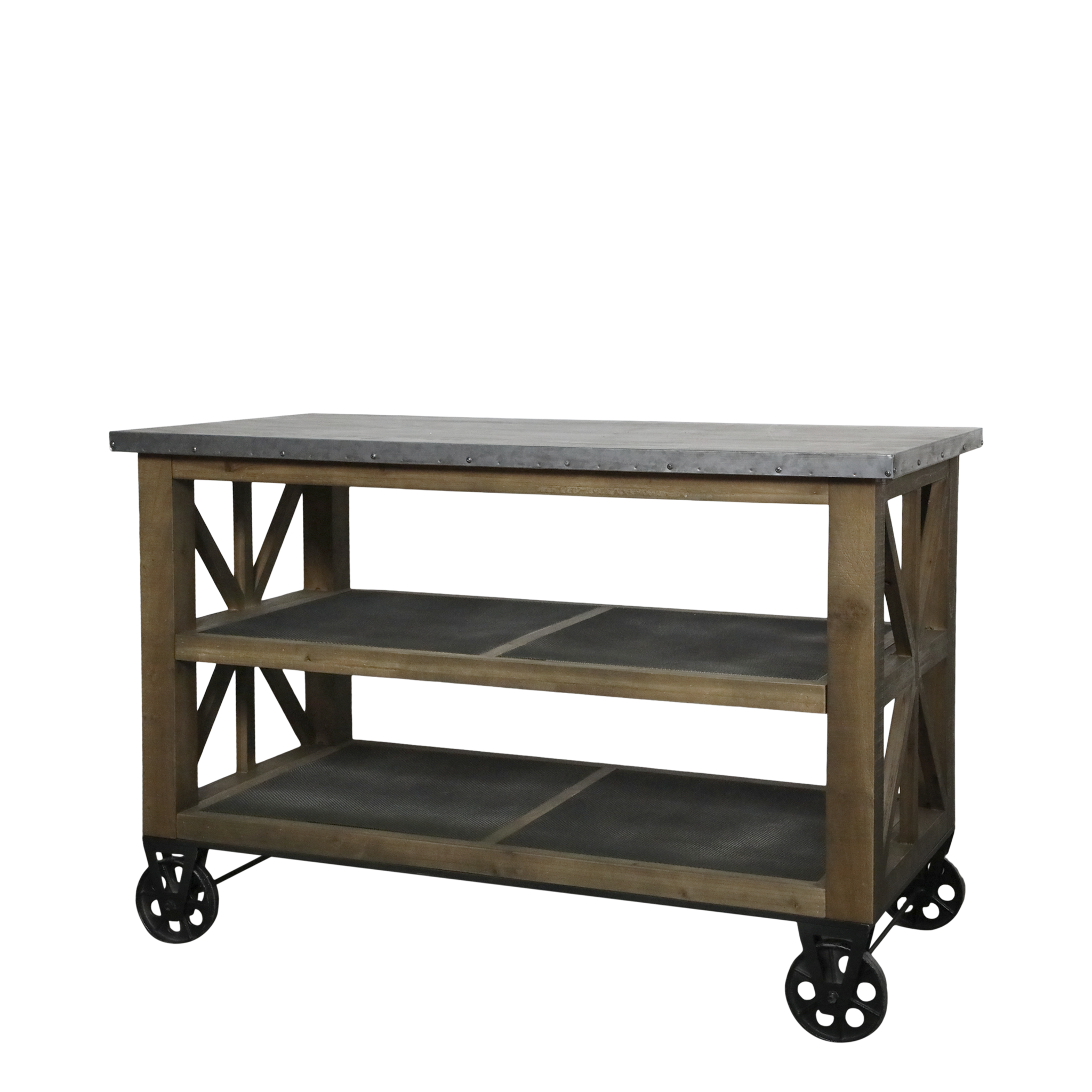 Rene Houtman Keukeneiland Woods Op Wielen Met Zinken Blad & Schappen - L120xB59.5xH90 Cm