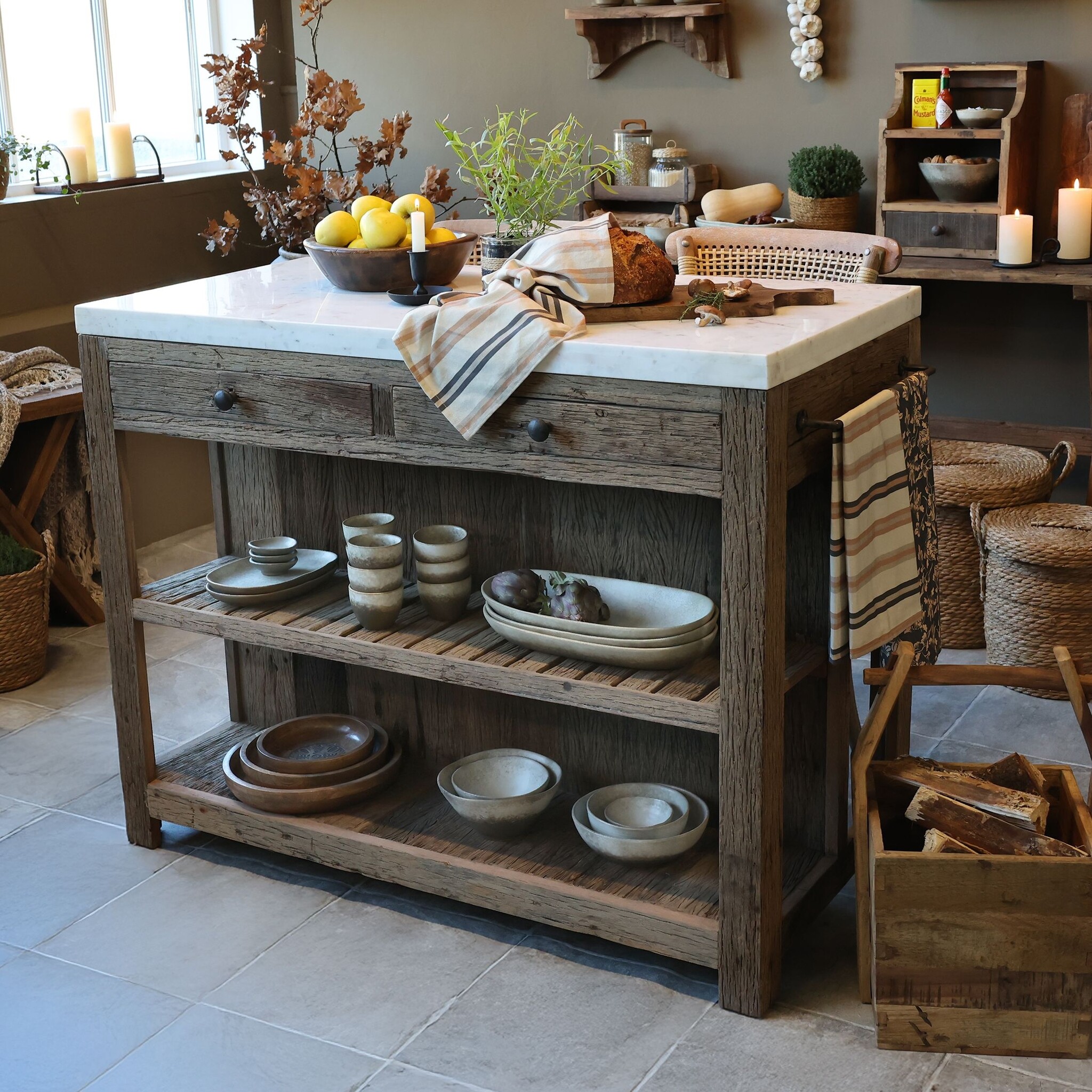 Rene Houtman Keukenmodule 1 - Woods - Kookeiland Hout Marmer Blad Serveertafel - H97 x B120 x D60 Cm