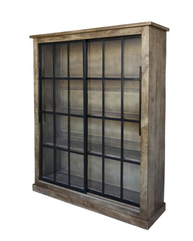 Rene Houtman Vitrinekast Mangie Hout 2 Schuifdeuren - H190 x B150 x D45 Cm