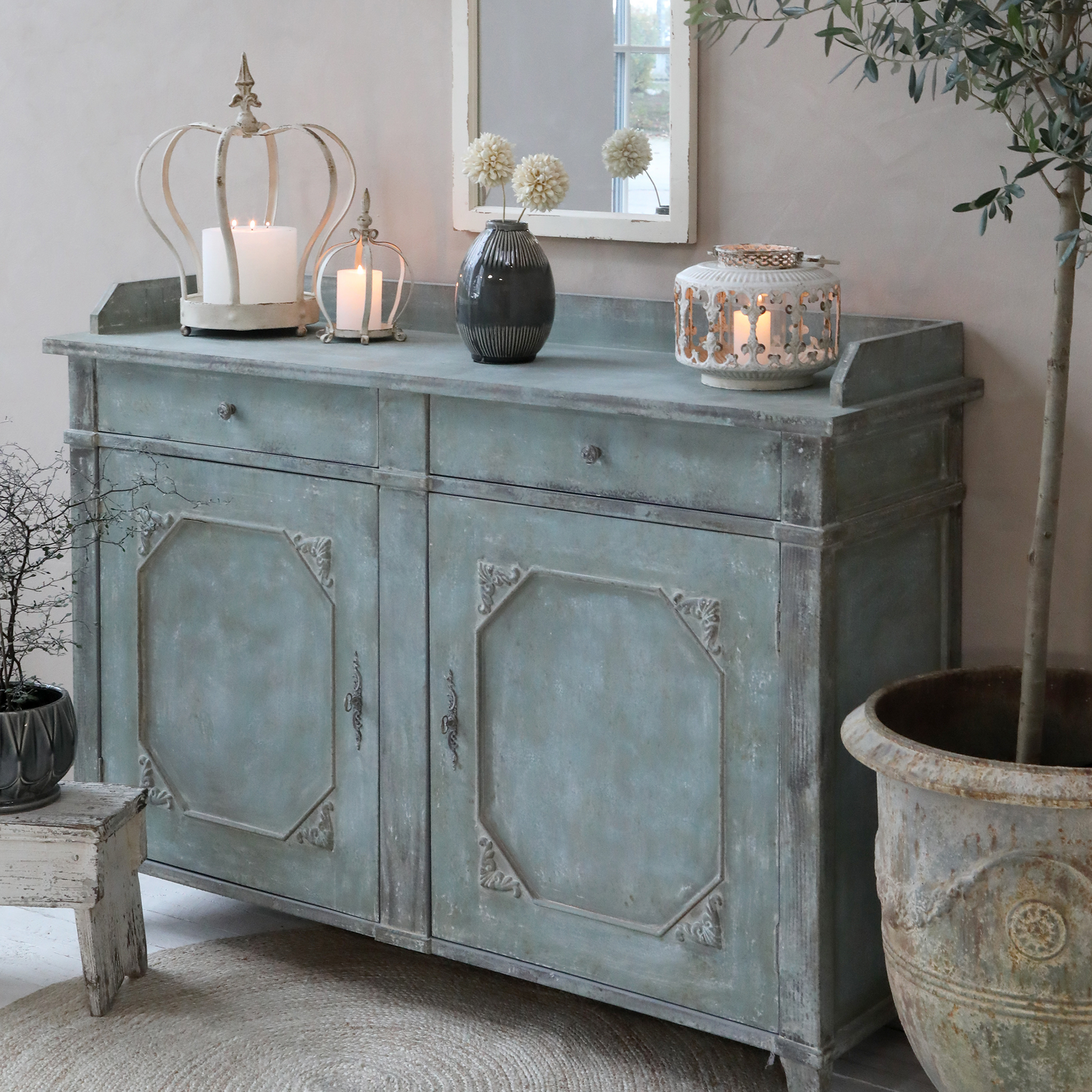 Rene Houtman Dressoir Ladenkast Frans Hout Antiek Blauw - H104 x B142 x D43 Cm