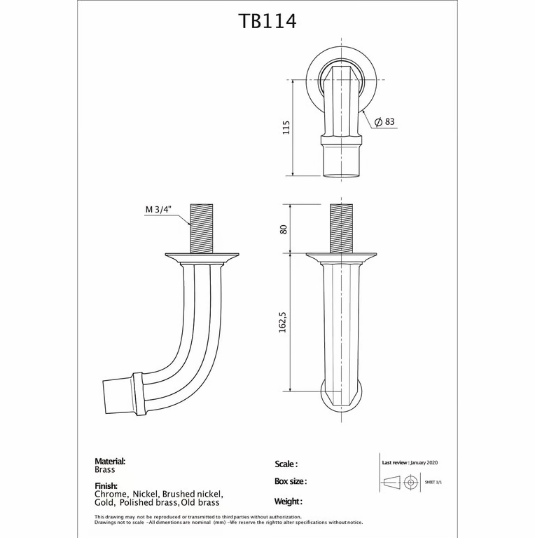 Dauby VERSTELBARE INBOUWMODULE MET 1 UITLOOP TB114 MESSING GEPOLIJST ZONDER VERNIS (PB)