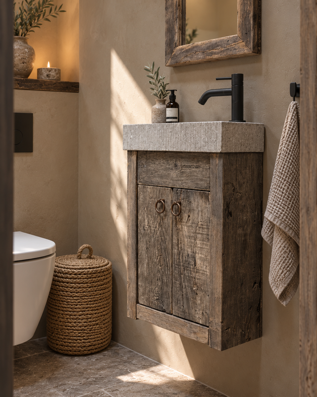 Rene Houtman Toiletmeubel Zwevend Oud Eikenhout + Natuursteen Gefrijnd