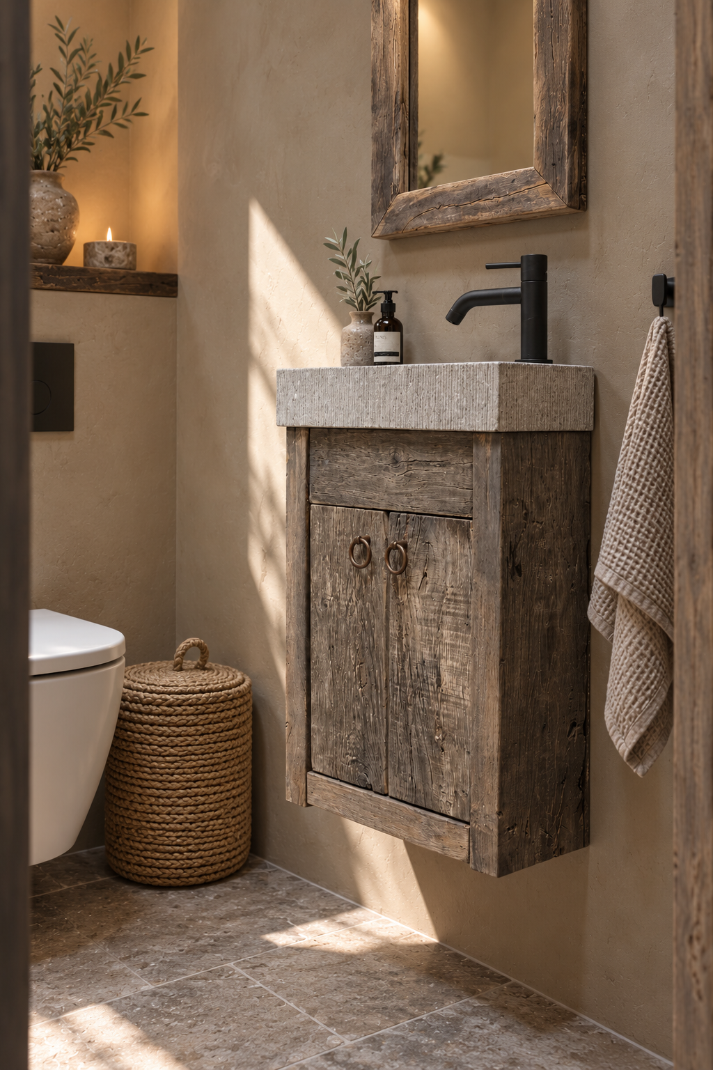 Rene Houtman Toiletmeubel Zwevend Oud Eikenhout + Natuursteen Gefrijnd