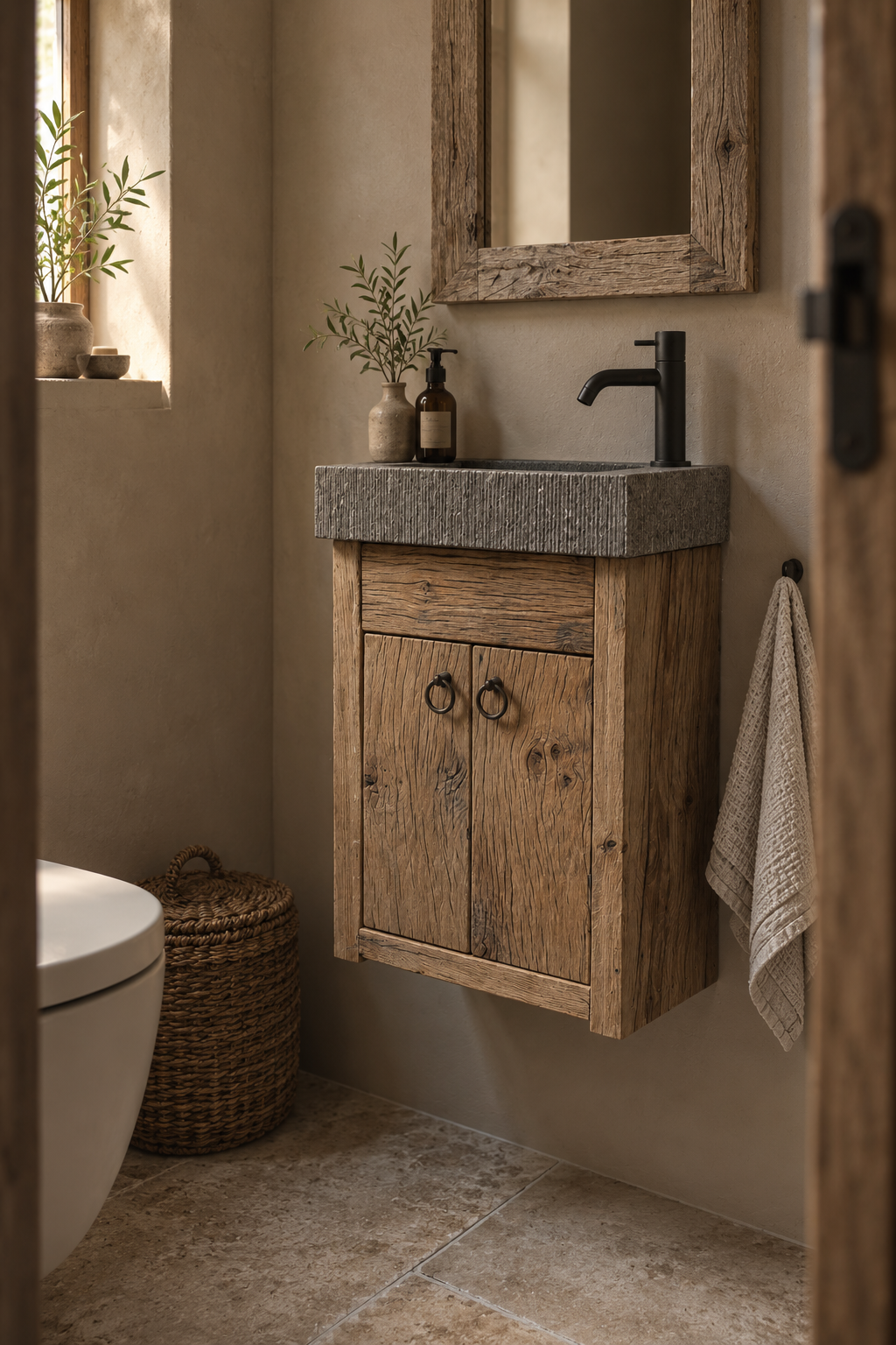 Rene Houtman Toiletmeubel Geschaafd Zwevend Oud Eikenhout - Natuursteen Gefrijnd