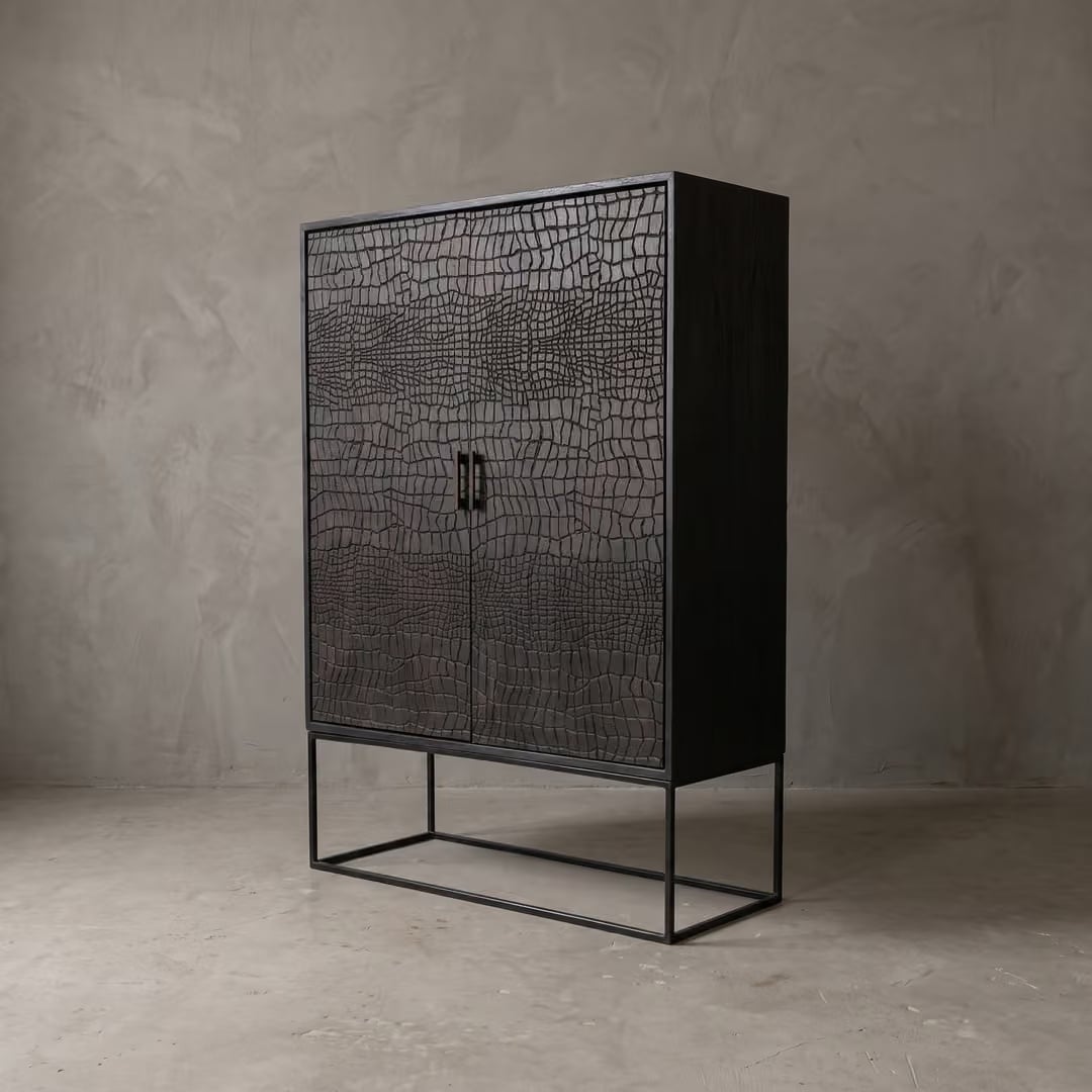 Rene Houtman Kast 2-Deurs Croco Teakhout Donkerbruin H180 x B140 x D40 Cm