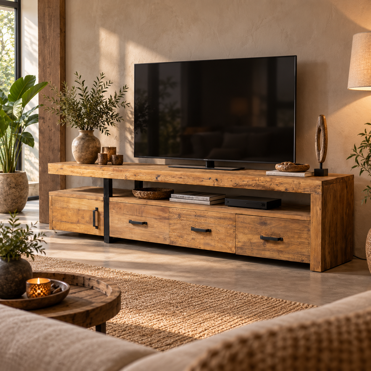 Rene Houtman Tv-Meubel Balok – Gerecycled Hardhout – 3 Lades en 1 Deurtje B240 x D50 x H60 Cm
