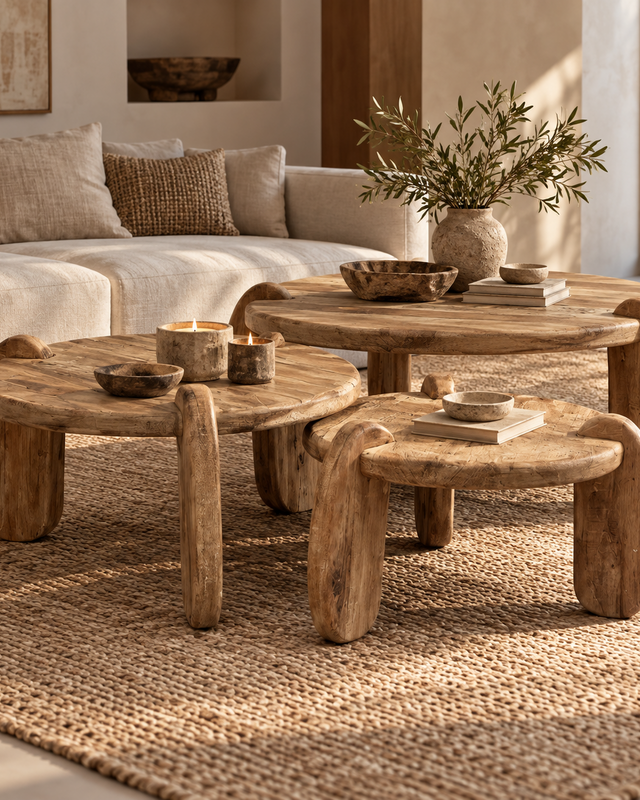 Rene Houtman Salontafel Balok Rond Japandi Set Van 3 Stuks Hout - 60, 80, 100 Cm