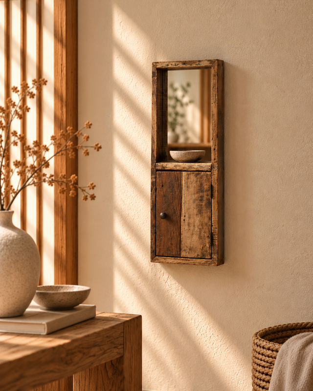 Rene Houtman Sleutelkast met Spiegel – Oud Hout – 75 x 30 x 10 cm (H x B x D)