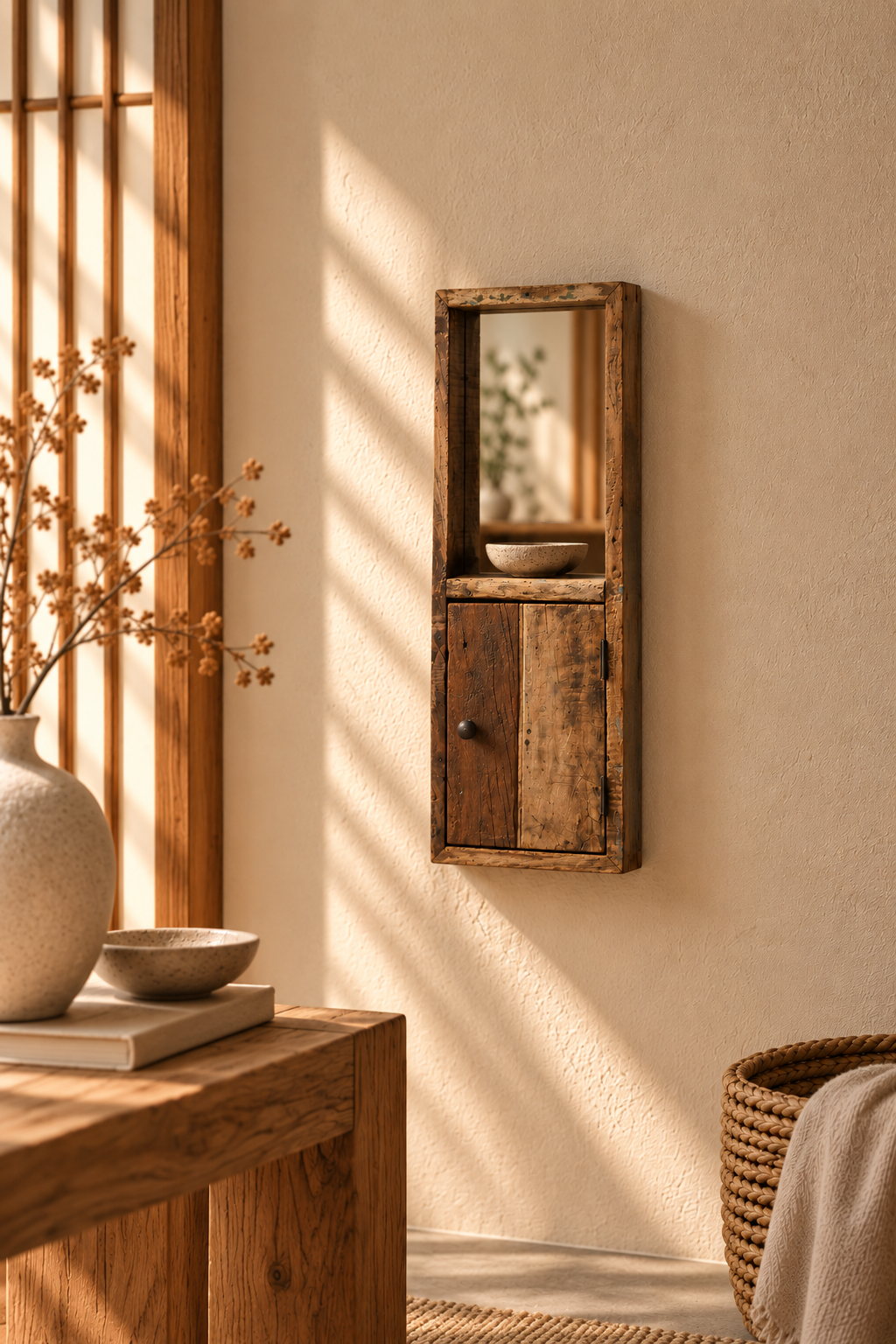 Rene Houtman Sleutelkast met Spiegel – Oud Hout – 75 x 30 x 10 cm (H x B x D)