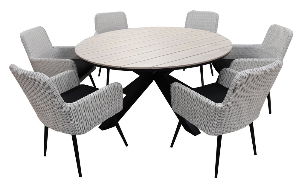 7-delige ronde tuinset | 6 Pisa tuinstoelen (White) | ⌀150cm Cyprus tuintafel (Wood)