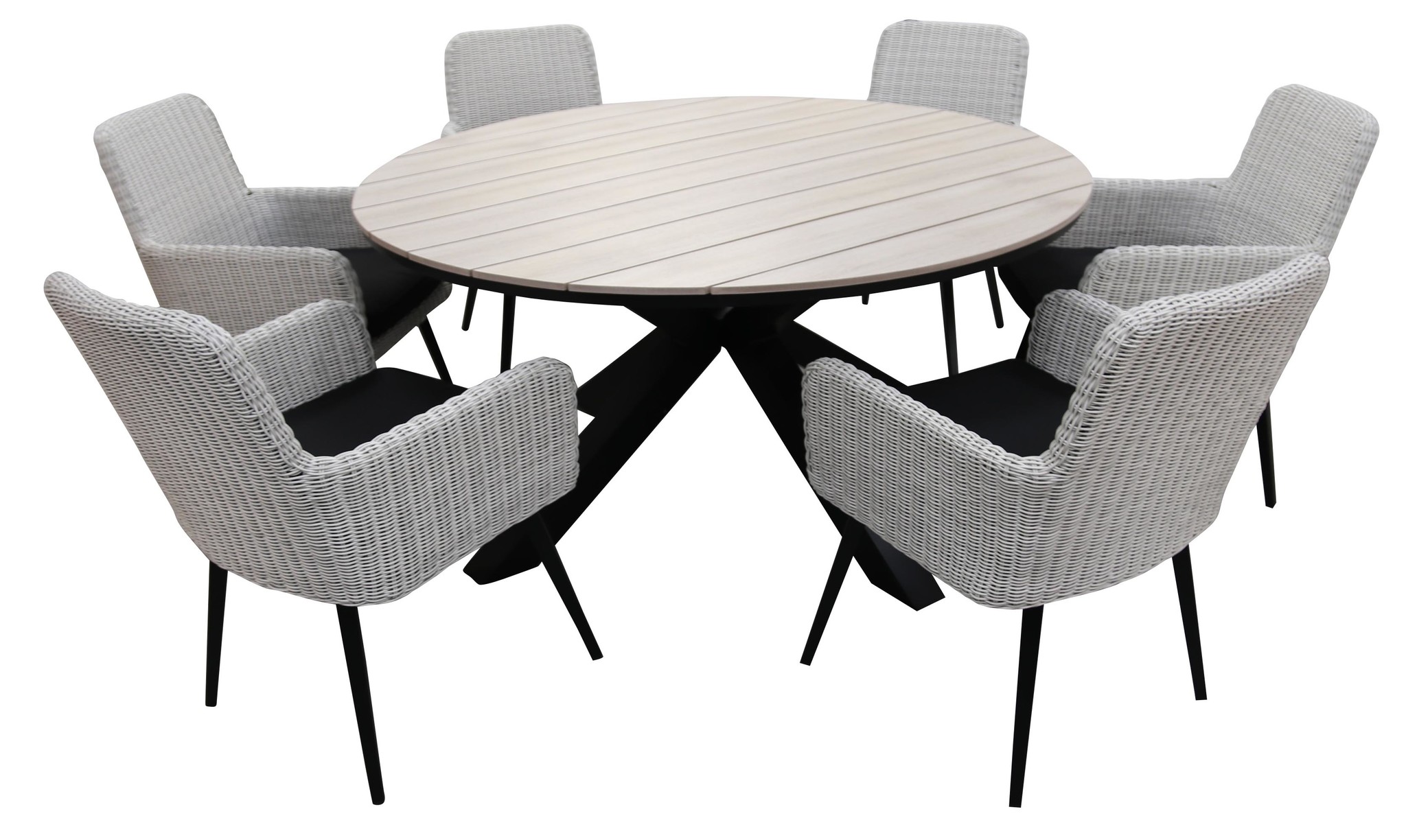 Zonnig Schuine streep straal 7-Delige tuinset | 6 Pisa tuinstoelen | 150cm ronde tafel