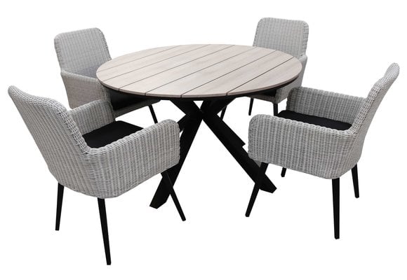 5-delige ronde tuinset | 4 Pisa tuinstoelen (White) | ⌀120cm Cyprus tuintafel (Wood)