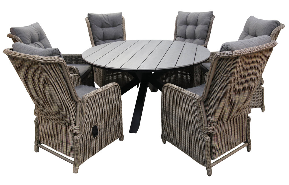 7-delige ronde tuinset | 6 Dublin verstelbare stoelen (SW) | ⌀150cm Cyprus tuintafel (Grey)