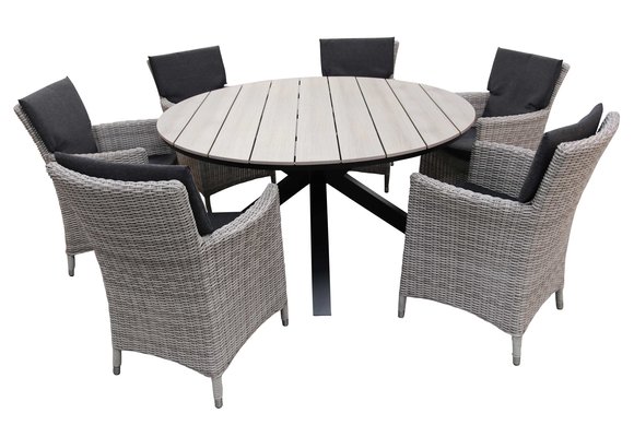 7-delige ronde tuinset | 6 Utah tuinstoelen (Desert) | ⌀150cm Cyprus tuintafel (Wood)