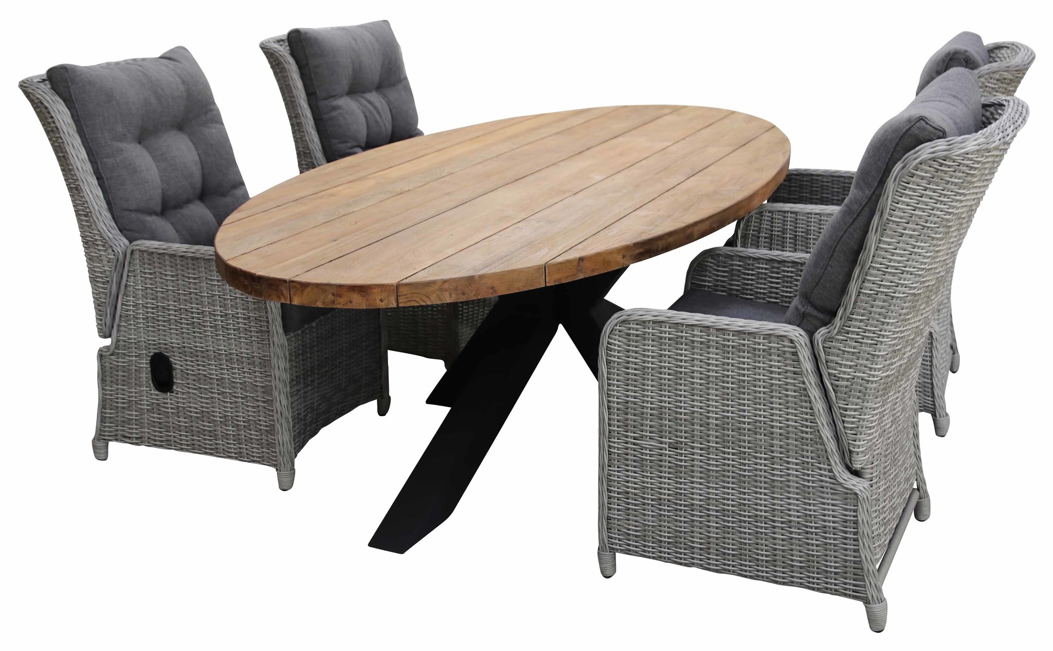 4 Seizoenen Tuinmeubelen 5-delige tuinset | 4 Dublin verstelbare stoelen (MG) | 240cm ovale Palu tuintafel (Teakhout)