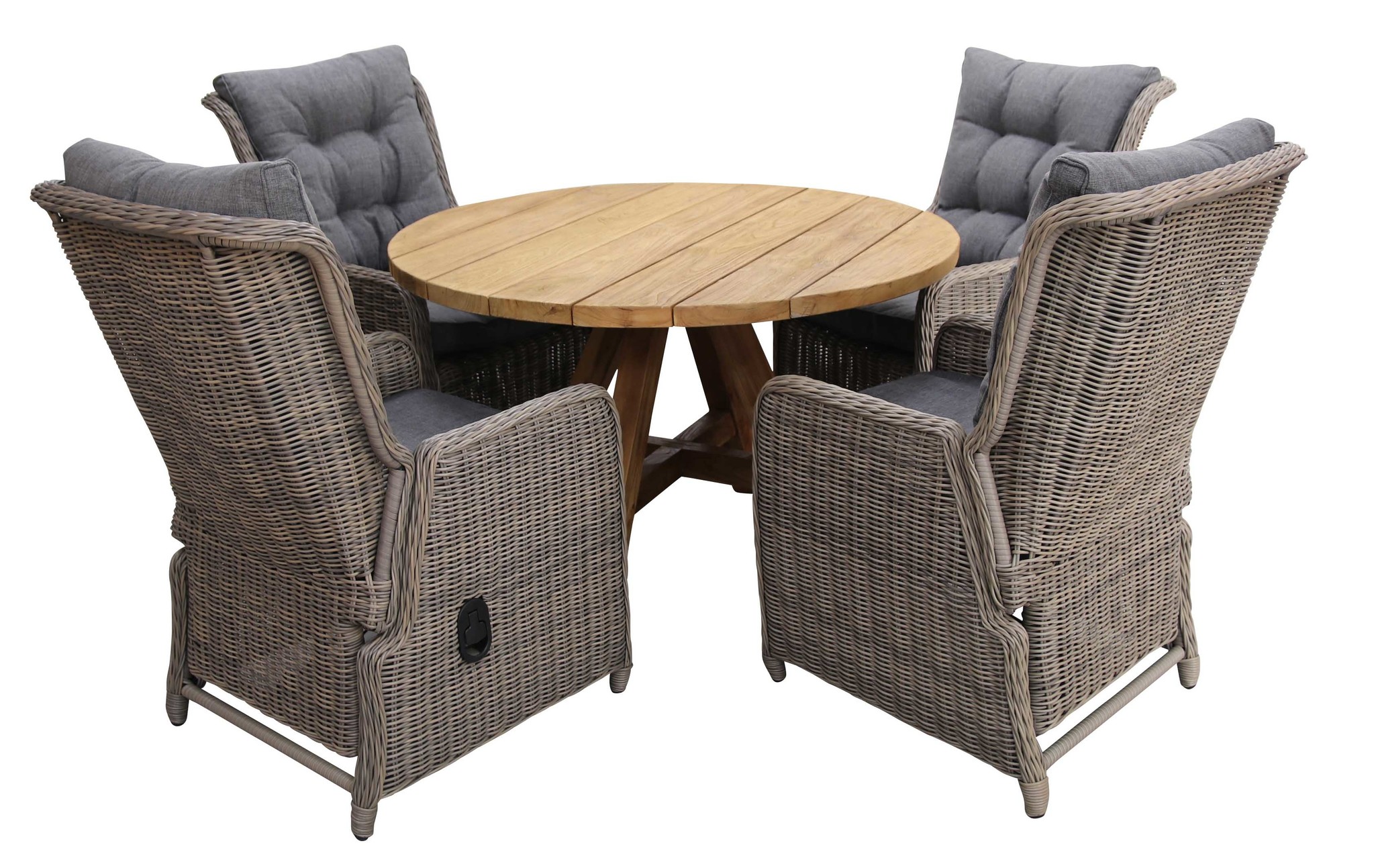 4 Seizoenen Tuinmeubelen 5-delige ronde tuinset | 4 Dublin verstelbare stoelen (SW) | ø120cm Ayra tuintafel (Teak)