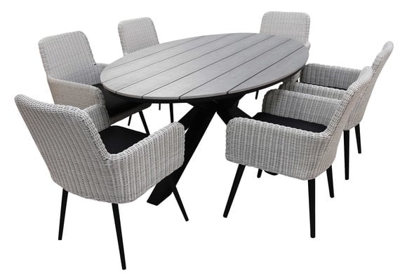 7-delige tuinset | 6 Pisa tuinstoelen (White) | 220cm ovale Cyprus tuintafel (Grey)