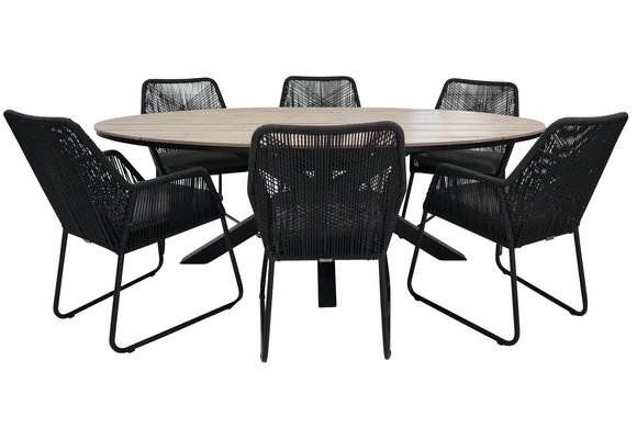 7-delige tuinset | 6 Mona tuinstoelen (Black) | 220cm ovale Cyprus tuintafel (Wood)