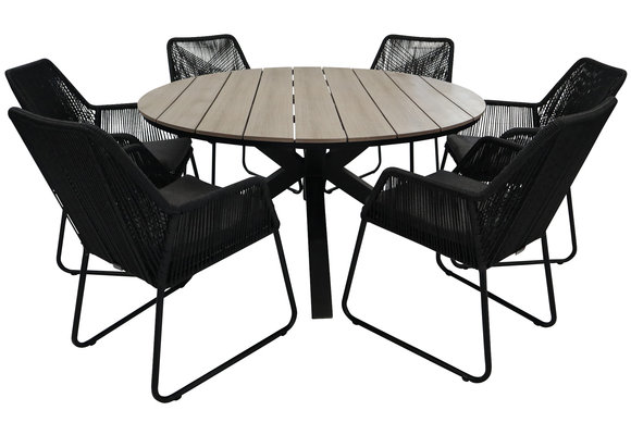 7-delige ronde tuinset | 6 Mona tuinstoelen (Black) | ⌀150cm Cyprus tuintafel (Wood)