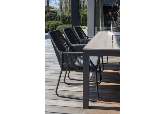 7-delige tuinset | 6 Mona tuinstoelen (Black) | 225cm Cyprus tuintafel (Wood)