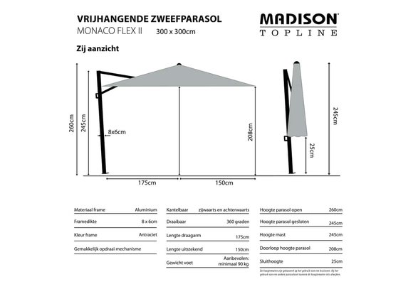 Madison Parasol | Monaco Flex II | Light Grey | 300x300cm