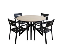 5-delige ronde tuinset | 4 Delia stapelbare tuinstoelen (Black) | ⌀ 120cm Cyprus tuintafel (Wood)