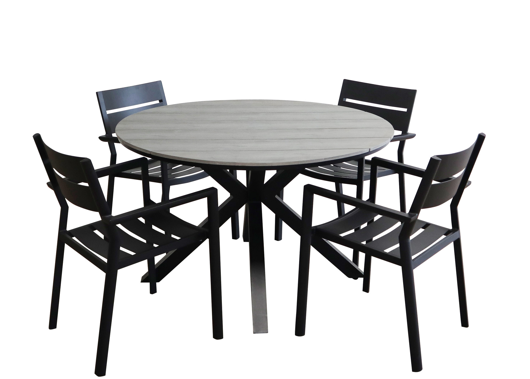 4 Seizoenen Tuinmeubelen 5-delige ronde tuinset | 4 Delia stapelbare tuinstoelen (Black) | ⌀ 120cm Cyprus tuintafel (Grey)
