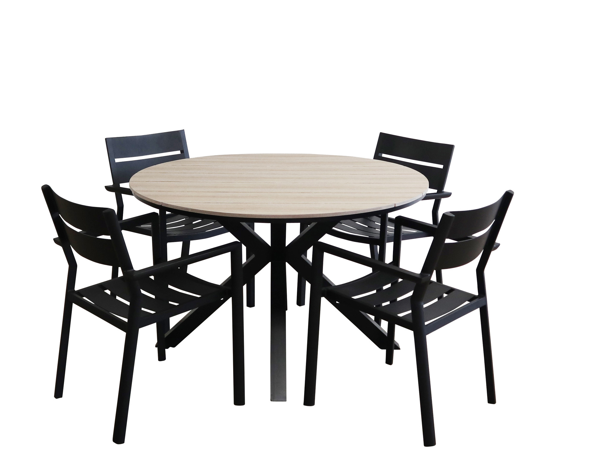 4 Seizoenen Tuinmeubelen 7-delige ronde tuinset | 6 Delia stapelbare tuinstoelen (Black) | ⌀ 150cm Cyprus tuintafel (Wood)