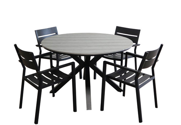 7-delige ronde tuinset | 6 Delia stapelbare tuinstoelen (Black) | ⌀ 150cm Cyprus tuintafel (Grey)