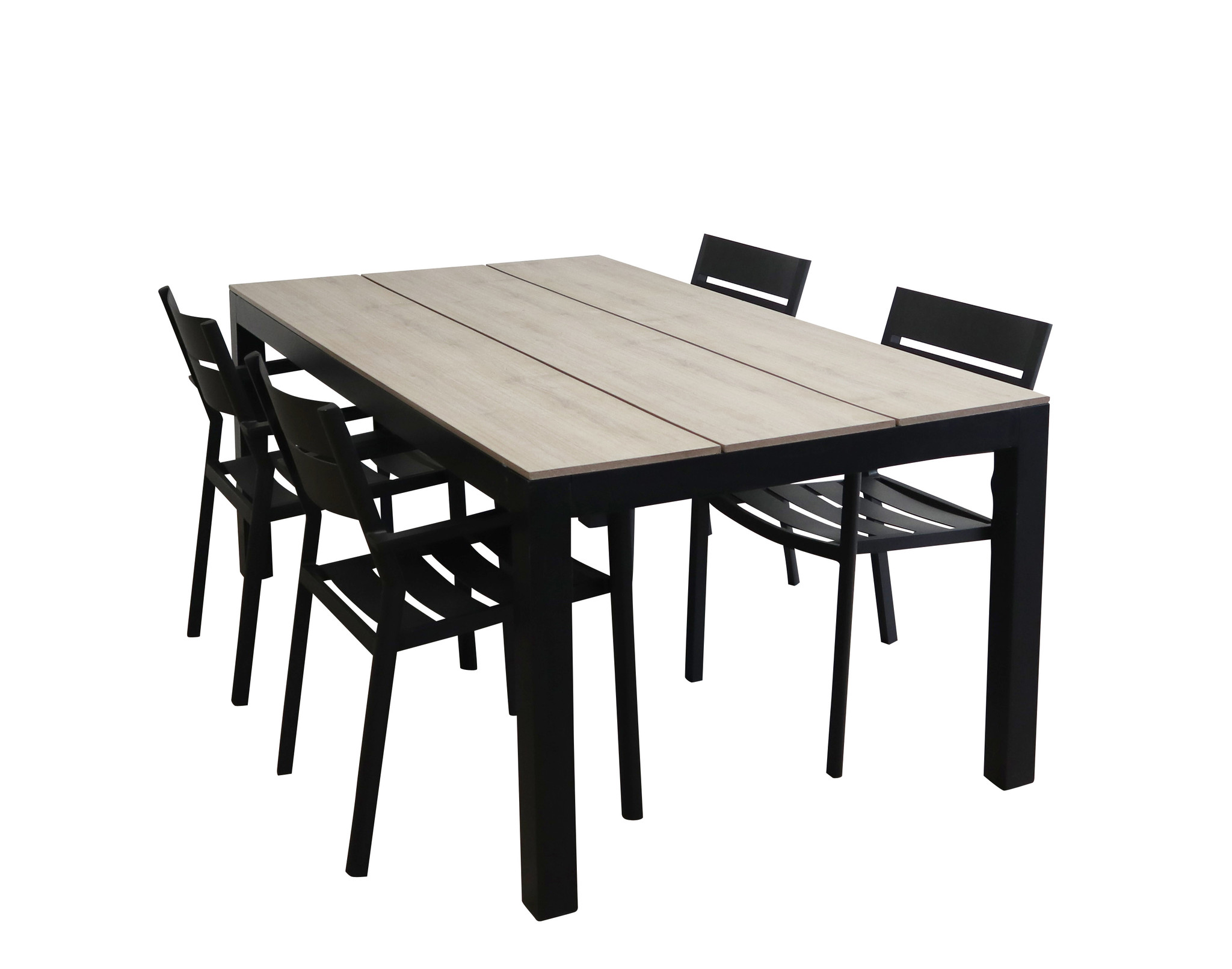 4 Seizoenen Tuinmeubelen 5-delige tuinset | 4 Delia stapelbare tuinstoelen (Black) | 160cm Cyprus tuintafel (Wood)