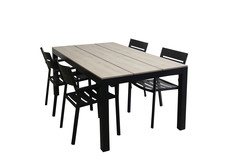 5-delige tuinset | 4 Delia stapelbare tuinstoelen (Black) | 180cm Cyprus tuintafel (Wood)