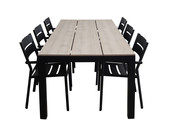 7-delige tuinset | 6 Delia stapelbare tuinstoelen (Black) | 225cm Cyprus tuintafel (Wood)