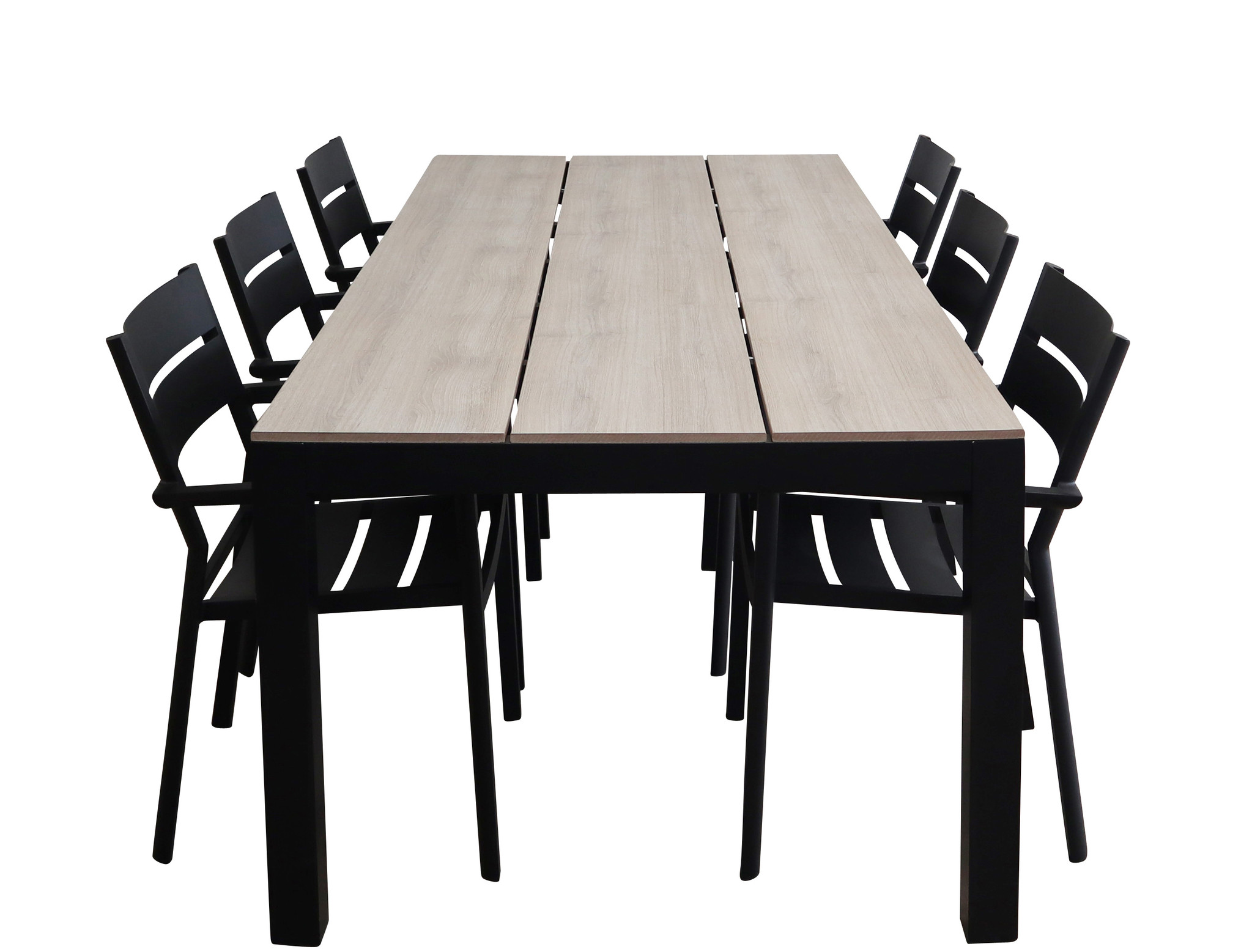 4 Seizoenen Tuinmeubelen 7-delige tuinset | 6 Delia stapelbare tuinstoelen (Black) | 225cm Cyprus tuintafel (Wood)