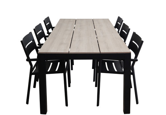 7-delige tuinset | 6 Delia stapelbare tuinstoelen (Black) | 225cm Cyprus tuintafel (Wood)