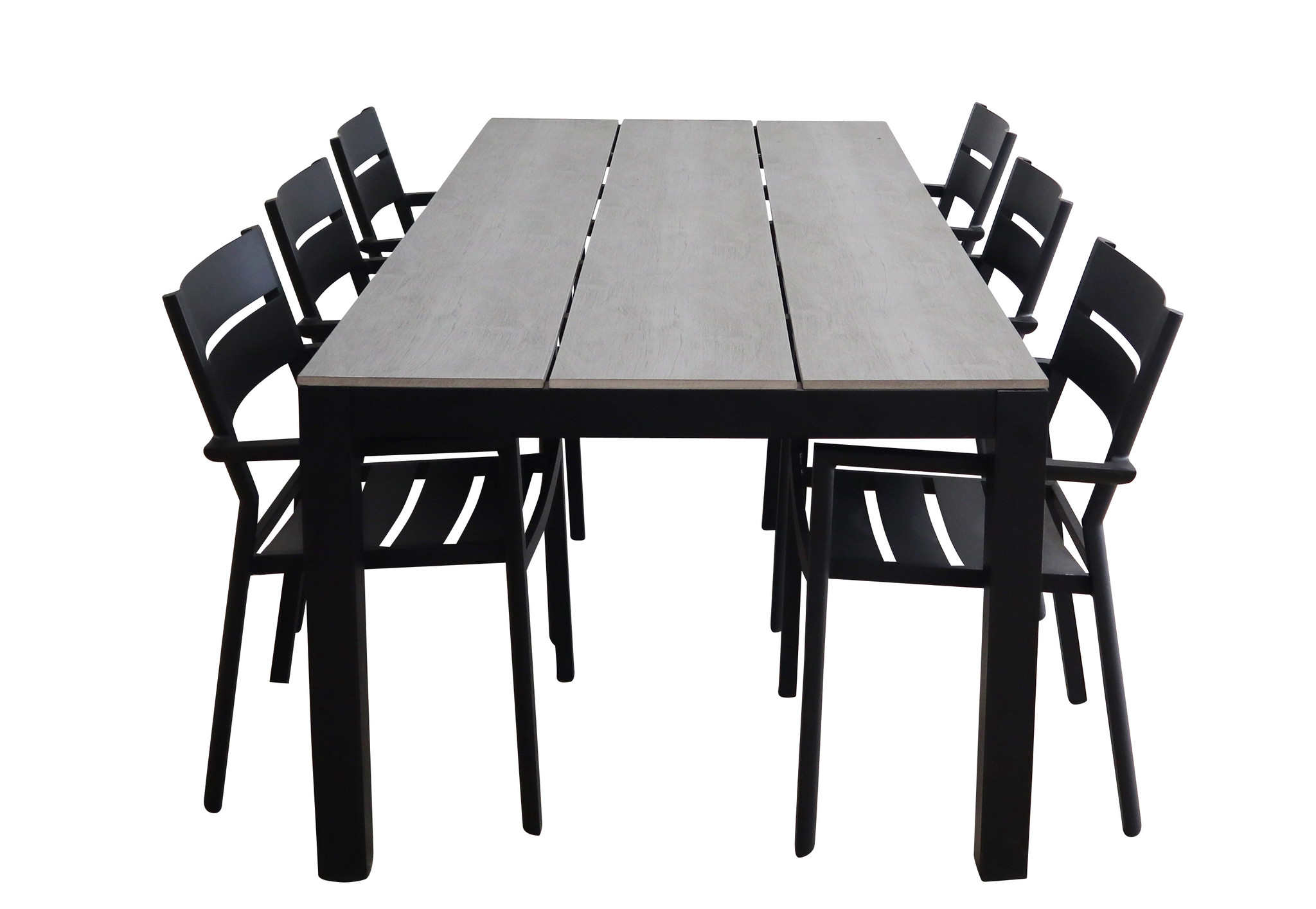 4 Seizoenen Tuinmeubelen 7-delige tuinset | 6 Delia stapelbare tuinstoelen (Black) | 225cm Cyprus tuintafel (Grey)