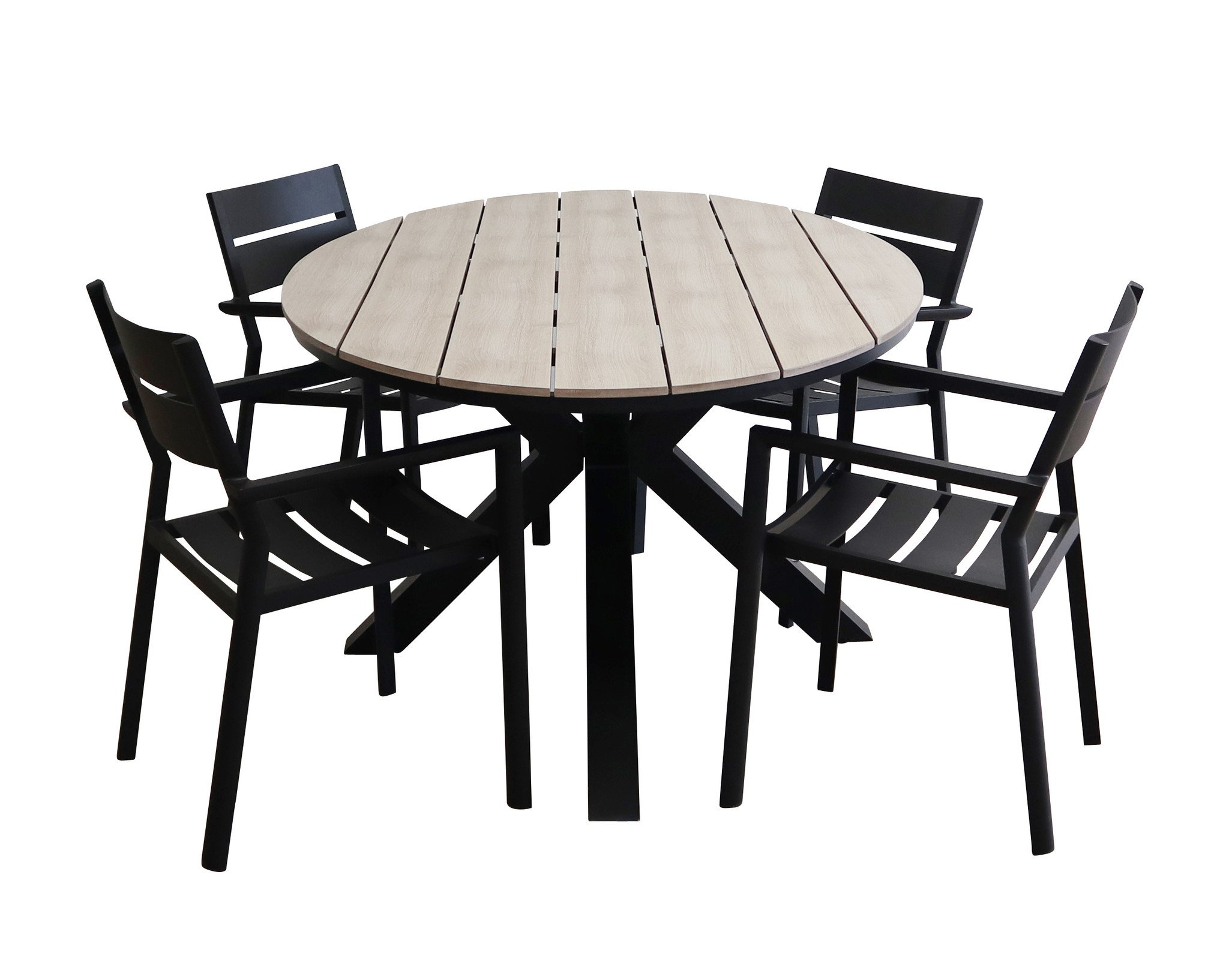 4 Seizoenen Tuinmeubelen 5-delige tuinset | 4 Delia stapelbare tuinstoelen (Black) | 180cm ovale Cyprus tuintafel (Wood)