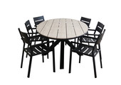 7-delige tuinset | 6 Delia stapelbare tuinstoelen (Black) | 220cm ovale Cyprus tuintafel (Wood)