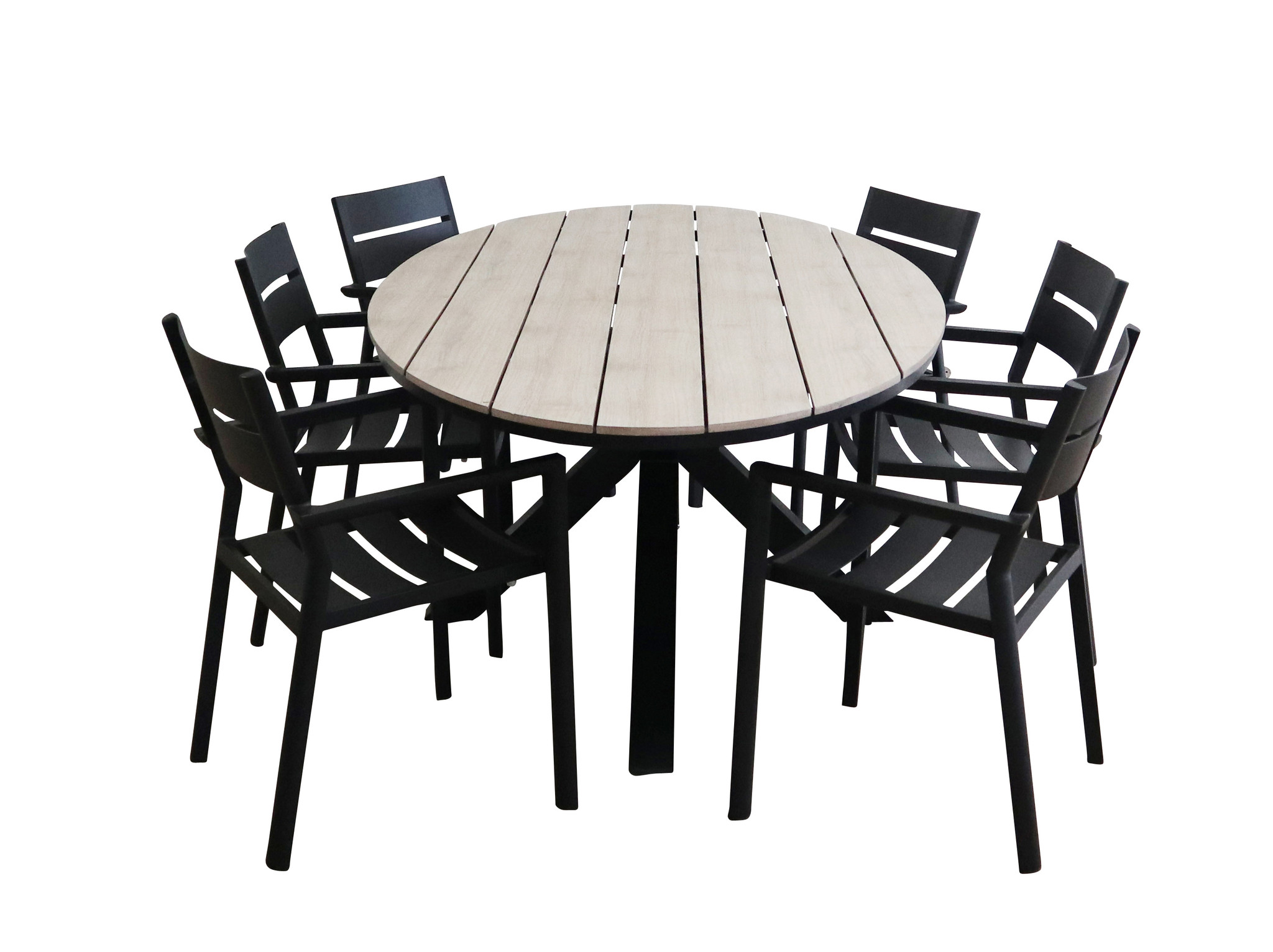 4 Seizoenen Tuinmeubelen 7-delige tuinset | 6 Delia stapelbare tuinstoelen (Black) | 220cm ovale Cyprus tuintafel (Wood)