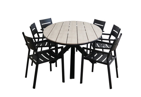 7-delige tuinset | 6 Delia stapelbare tuinstoelen (Black) | 220cm ovale Cyprus tuintafel (Wood)